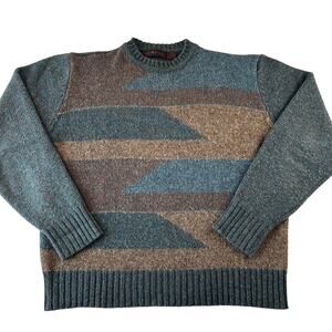 John Weitz Vintage Wool Sweater Heather Blue Brown Men's size L-XL Geometric